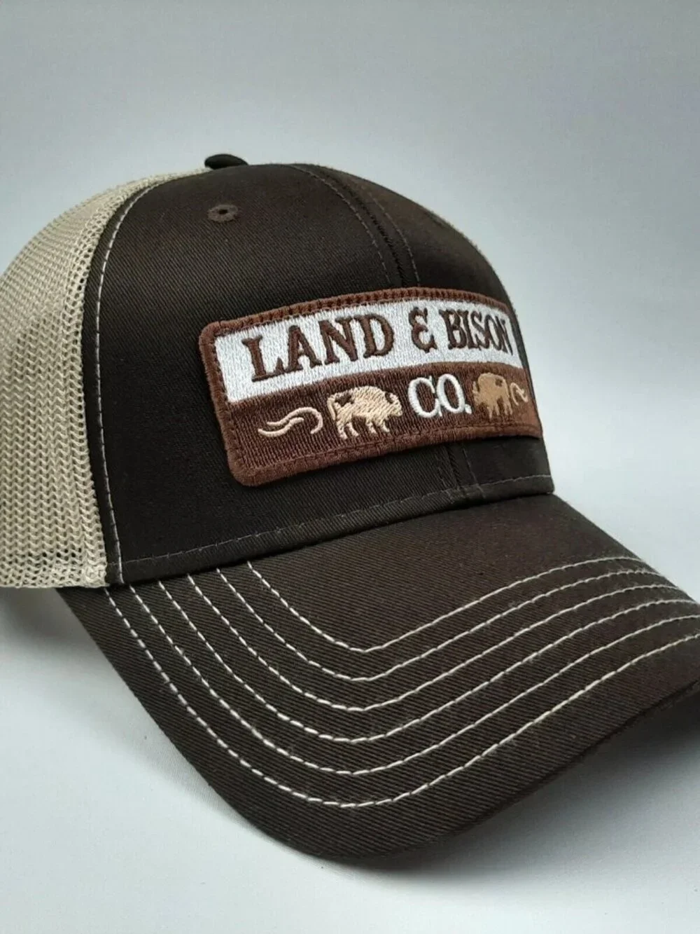 Land & Bison Co Buffalo Embroidered Patch Brown Tan Snapback Trucker Hat Rancher